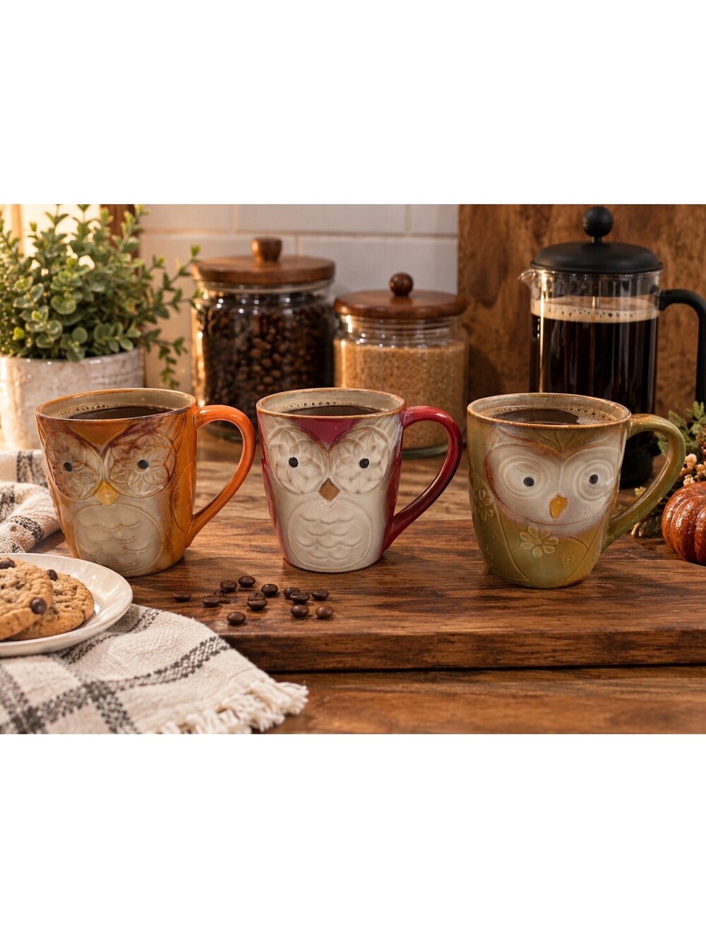 Elite Couture by Gibson Owl City Mugs Set of 3 Embossed Ceramic 17 oz